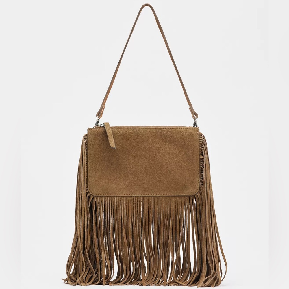 ZARA Leather Fringed Crossbody Bag - Brown